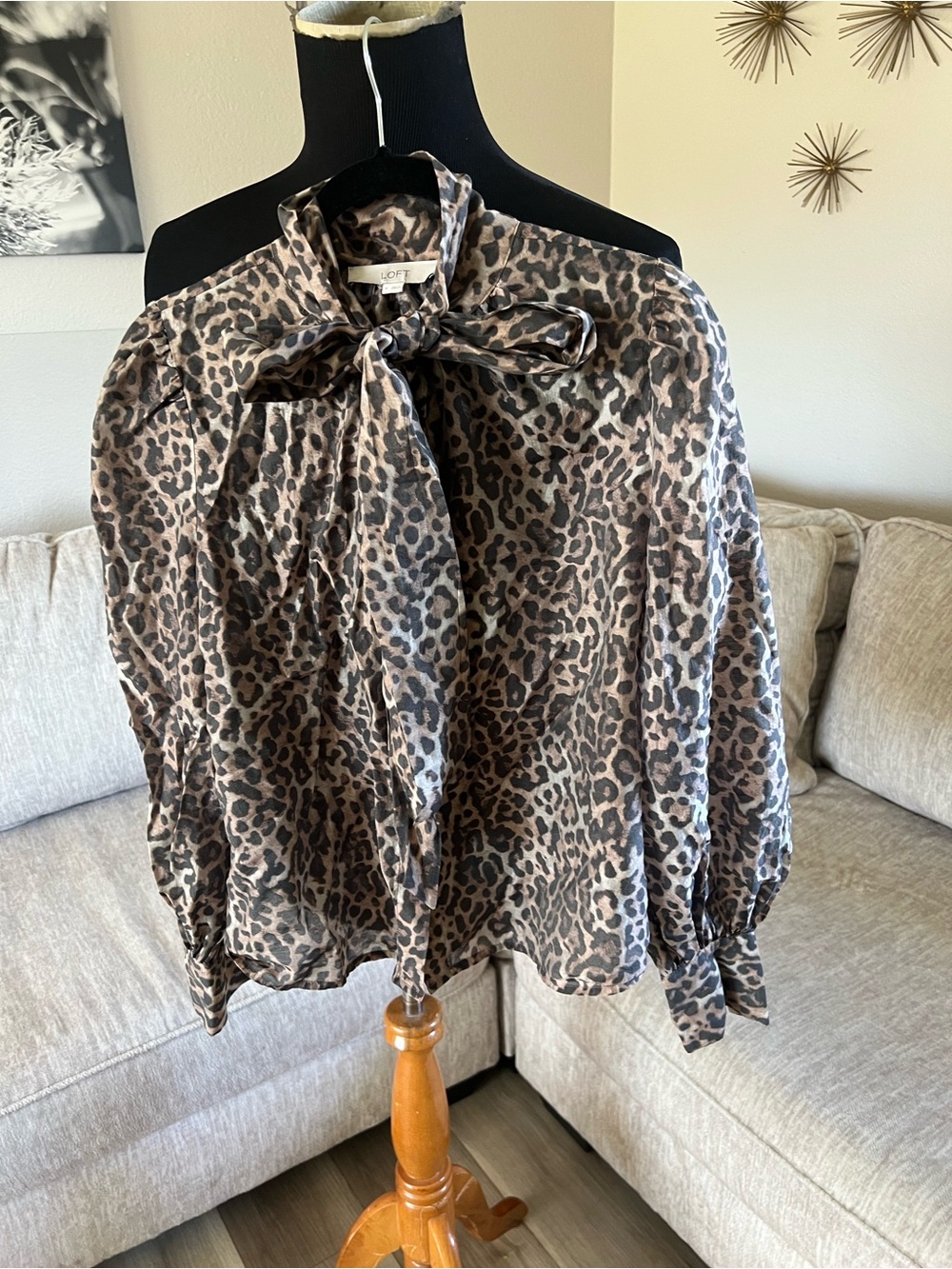 LOFT Leopard-Spot Tie-Neck Blouse in Tan and Black